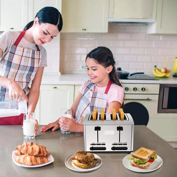 RVS Broodrooster - Toaster - 4 Sneden - Extra Brede Sleuven - 7 Warmteniveaus - 1500W - Gescheiden Dubbele Bediening - Ontdooifunctie