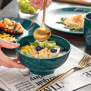 Serviesset - Ceramisch - Donkergroen/Goud - 16-delig - Ontwerp Door Goud Splash - Dinerbord - Dessertbord - Kommen - Koffiekoppen