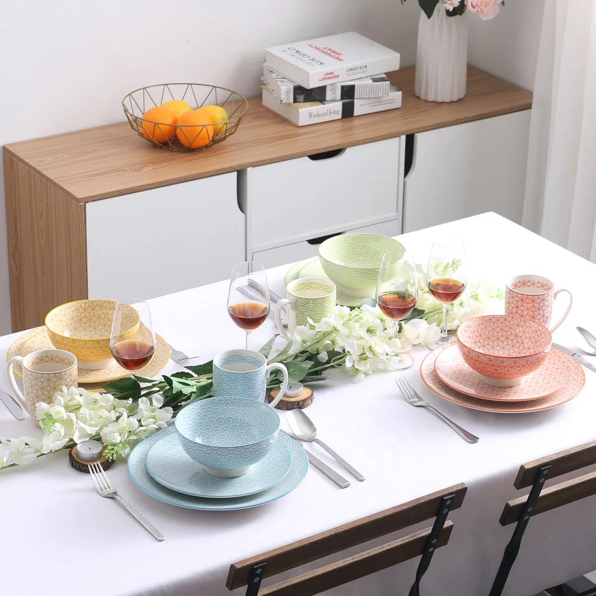 Luxe Serviesset – 32 delig – 8 persoons – Porselein - Bordenset – Dinner platen – Dessertborden - Kommen - Mokken - Schaaltjes - Meerkleurig