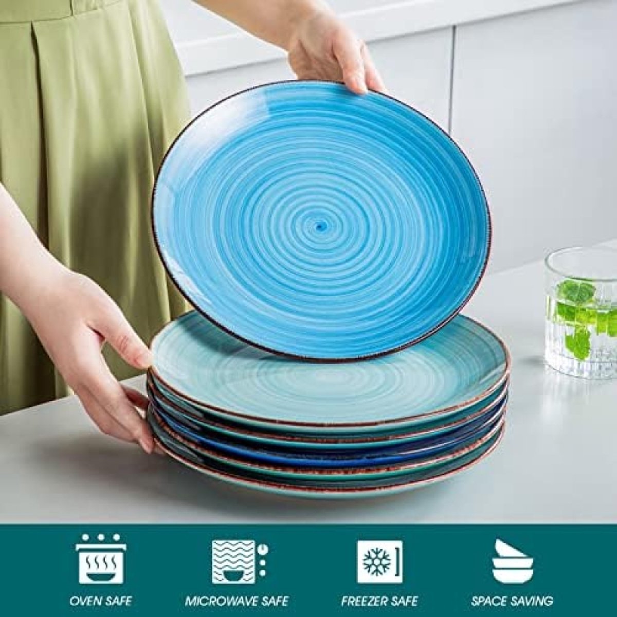 Tafelservies - 18-delig Combiservies - Eetserviesset voor 6 Personen - 6 Platte Borden - Soepborden en Dessertborden - Blauw