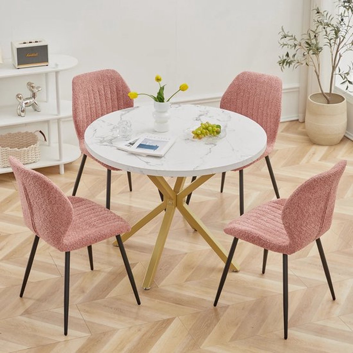 Eettafel - 100 cm - Luxe - Gouden Onderstel - Marmer Look - Rond - Meubels