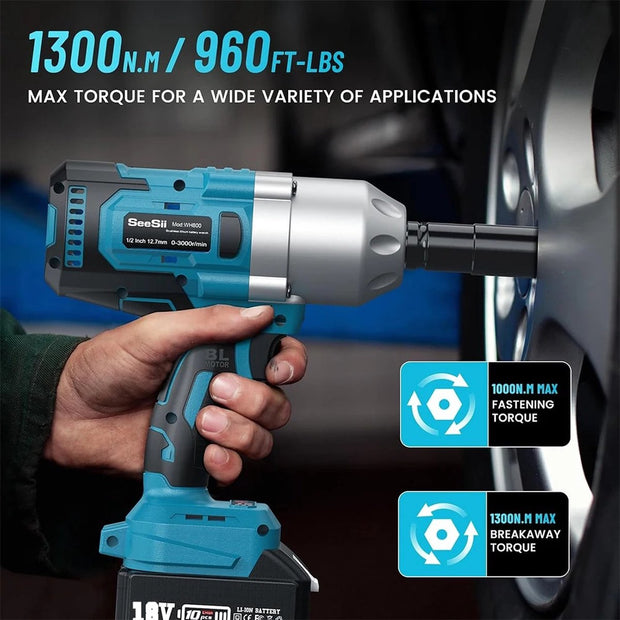 Impact Wrench - Cordless Impact Wrench Set - With Case, Charger &amp; 2x Battery - (Incl: 5 Long Sockets) - 3 Gears - 1300Nm - 18V - 4.0Ah - Blue