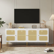 Elegant White Rattan - TV Cabinet - 180x40x72cm - met 4 Rotan Deuren - in Hoogte Verstelbare Planken - en Kabelbeheer - voor Maximaal 80 inch Televisies - Tv-Kasten - Lowboards