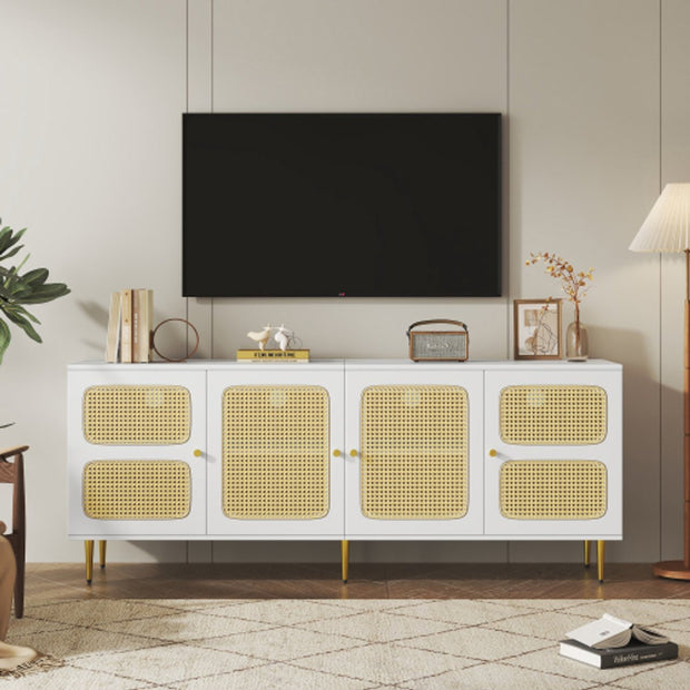 Elegant White Rattan - TV Cabinet - 180x40x72cm - met 4 Rotan Deuren - in Hoogte Verstelbare Planken - en Kabelbeheer - voor Maximaal 80 inch Televisies - Tv-Kasten - Lowboards