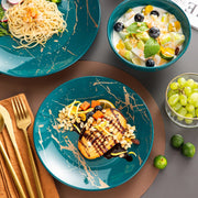 Serviesset - Ceramisch - Donkergroen/Goud - 16-delig - Ontwerp Door Goud Splash - Dinerbord - Dessertbord - Kommen - Koffiekoppen