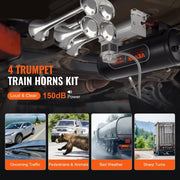 Hoorn Claxon - 4 Stuks - Luchthoorn - 12 Volt - Met Compressor - 150DB - Zwart