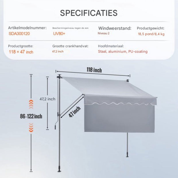 Balkonluifel - Handmatig Intrekbare Luifel - Uitschuifbaar Klemluifel - 3x1,2m Knikarmscherm - in Hoogte Verstelbaar van 2,2 tot 3,1m - Buiten Uitschuifbare Patio Luifel Zonnescherm - Verstelbaar met 39" Zonnescherm Gordijn - voor Achtertuin