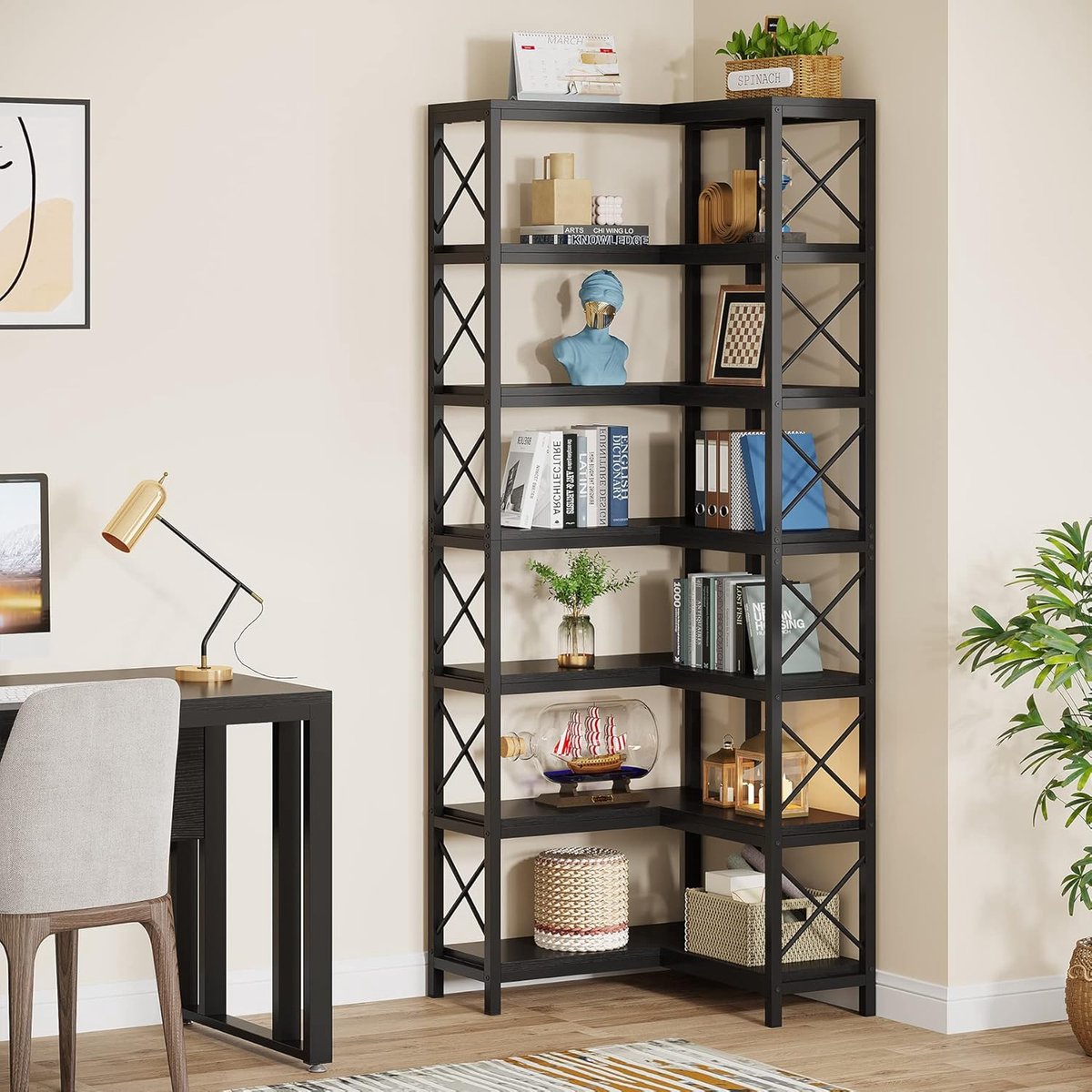 Boekenkast - Hoek Boekenkast met 7 Planken - Industrieel Grote Hoekplank - Spaanplaat - Zwart - 60 x 60 x 200 cm