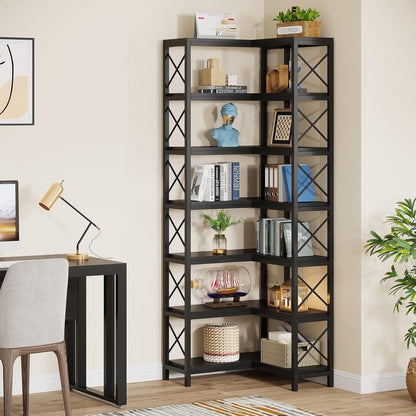 Boekenkast - Hoek Boekenkast met 7 Planken - Industrieel Grote Hoekplank - Spaanplaat - Zwart - 60 x 60 x 200 cm