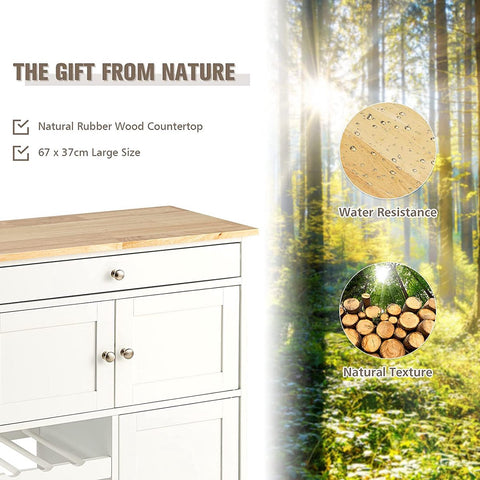 Keukentrolley, serveerwagen keukeneiland trolley met rubberen houten blad, lade, 3 rijen wijnrekken, 2 kasten, rollend opslag trolley kar, keukenwagen opbergwagen ideaal voor restaurant, keuken, bar te gebruiken (Wit)