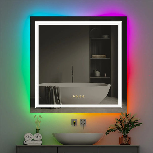 Moderne Badkamerspiegel - RGB Kleuren - Dimbare LED Verlichting - Anti-Condens Spiegel - Breukbestendig - 80x80cm