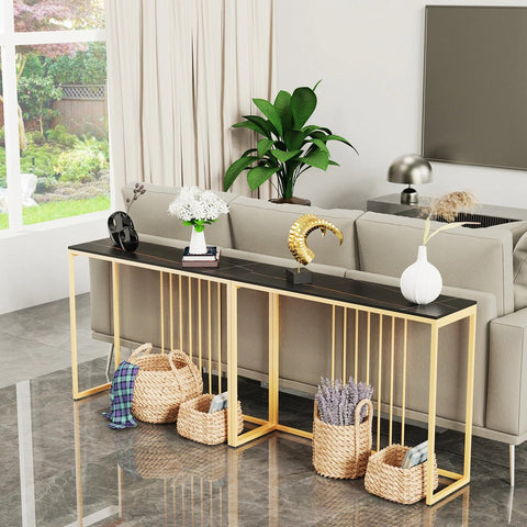 Luxe sidetable - Muurtafel - Wandtafel - Bijzettafel - Console tafel - Wandbureau - Kaptafel - Bartafel - Zwart marmer blad - Goud frame - 100 x 300 x 78.5cm