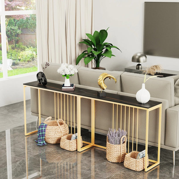 Luxe sidetable - Muurtafel - Wandtafel - Bijzettafel - Console tafel - Wandbureau - Kaptafel - Bartafel - Zwart marmer blad - Goud frame - 100 x 300 x 78.5cm