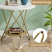 Moderne Ronde Bijzettafel - 2-laags Imitatiemarmeren Salontafel - op Stevig Metalen Frame - Wit en Goud - Woonkamertafel - Kleine Tafel - voor Woonkamer - Slaapkamer