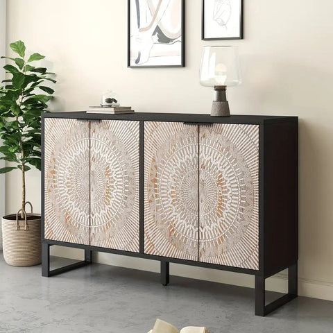 Modern dressoir met geometrisch patroon - Massief hout en metalen handgrepen - Vloermontage - MDF-constructie - Met verstelbare poten