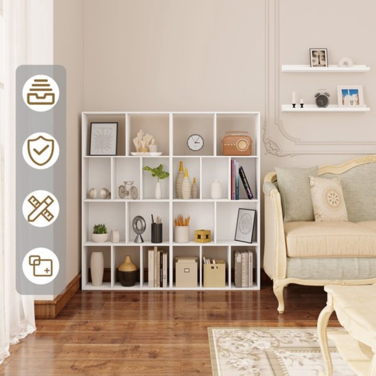 Scandinavische Boekenkast - Opbergkast of Ladderrek - Spaanplaat - 4-Laags Boekenkast - Boekenplankkast - Kubuskast met 10 Open Compartimenten - voor het Tentoonstellen van Boeken in de Woonkamer - 60x20x120 cm - Wit
