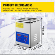 Ultrasoon Reiniger - Roestvrij Staal - Professionele Ultrasone Reinigingsapparaat - Digitale Verwarmings Timer - Sieraden - Brillen - Tanden - 1.3 L - 60W - 40kHz - Ultrasoon vermogen 60W - Verwarmingsvermogen 100W - Zilver