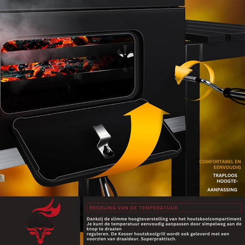 Grillwagen - trolley XL houtskoolbarbecue met deksel - wielen roestvrijstalen handgreep grillrooster en thermometer - ‎45 x 115 x 105 cm - Zwart