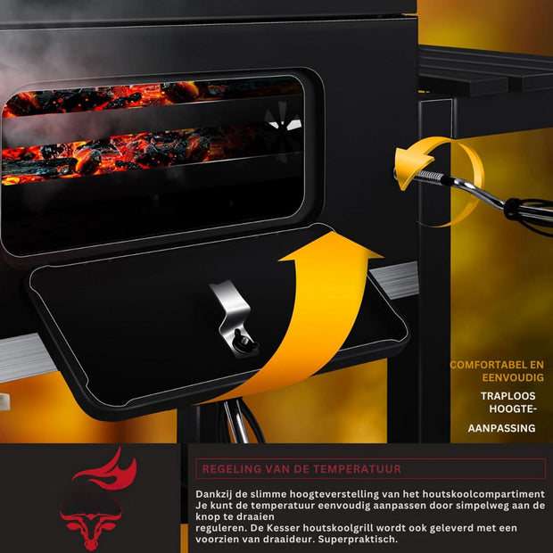 Grillwagen - trolley XL houtskoolbarbecue met deksel - wielen roestvrijstalen handgreep grillrooster en thermometer - ‎45 x 115 x 105 cm - Zwart