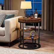 Bijzettafel Ronde - Vintage - Industrieel Design - Nachtkastje met 3 Planken - Bruin - Diameter 50 cm