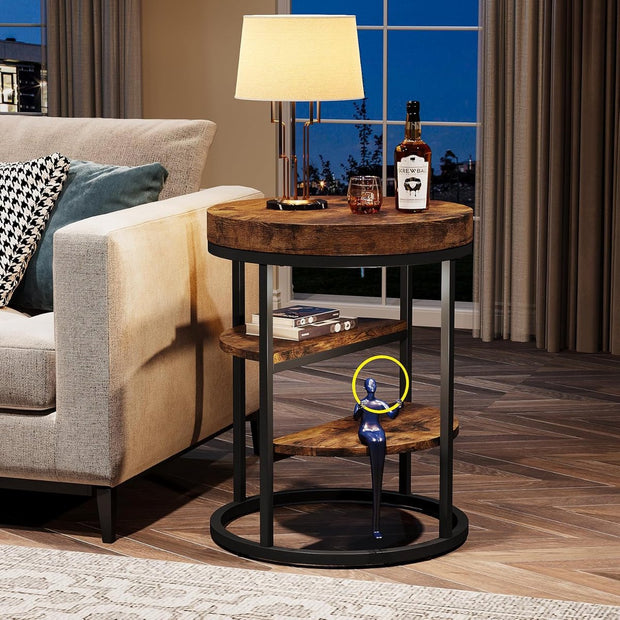 Bijzettafel Ronde - Vintage - Industrieel Design - Nachtkastje met 3 Planken - Bruin - Diameter 50 cm