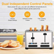 RVS Broodrooster - Toaster - 4 Sneden - Extra Brede Sleuven - 7 Warmteniveaus - 1500W - Gescheiden Dubbele Bediening - Ontdooifunctie