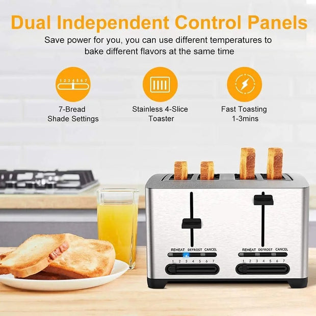 RVS Broodrooster - Toaster - 4 Sneden - Extra Brede Sleuven - 7 Warmteniveaus - 1500W - Gescheiden Dubbele Bediening - Ontdooifunctie