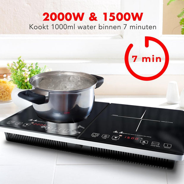 KitchenBrothers Inductie Kookplaat - 2 Pits - Vrijstaand - 1500W + 2000W - RVS