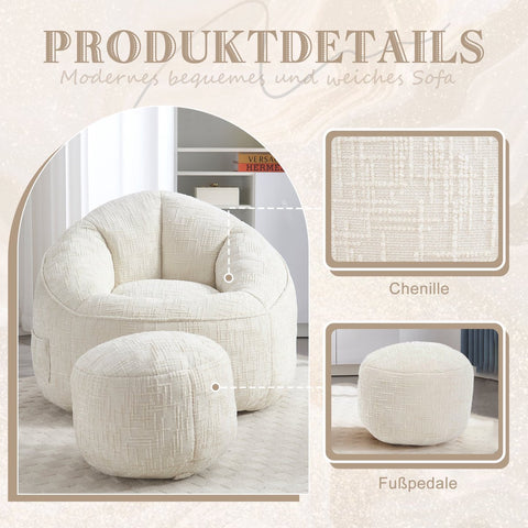Zitzak met Voetensteun - Stoel met Hoge Druk Schuimvulling - Ergonomisch Ontwerp - Chenille Stof - 89x88x76 cm - Beige