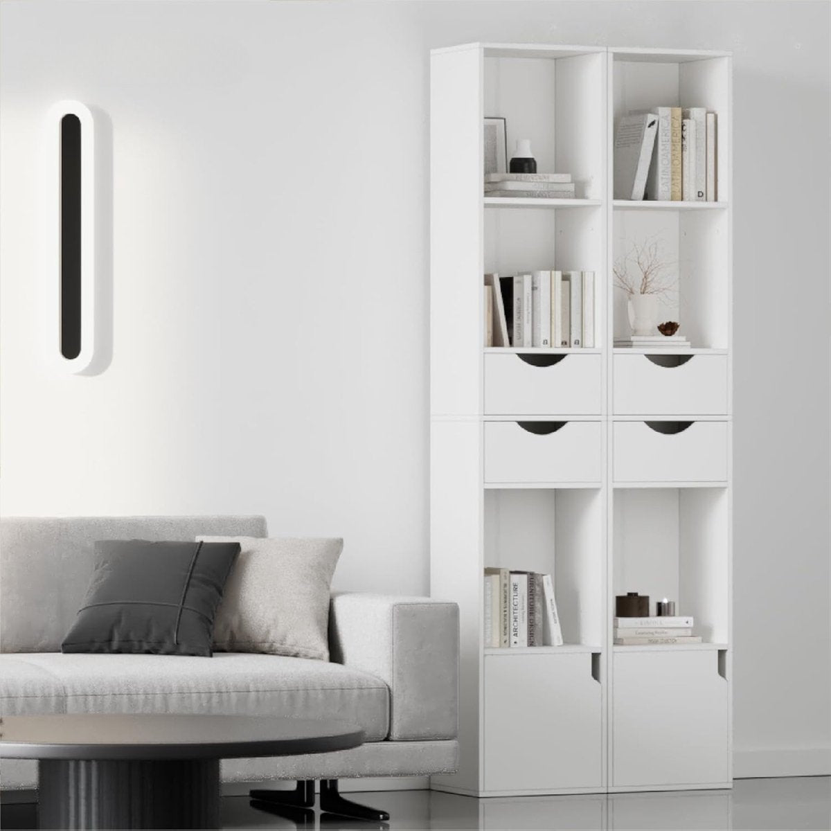 Witte boekenkast met opbergruimte – smalle plank met 3 open compartimenten, 2 lades en 1 deur – 30x158x24cm