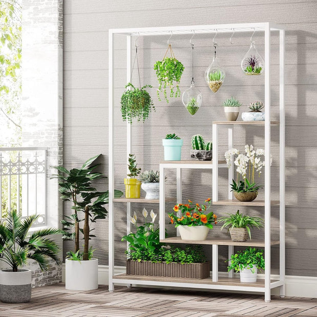 Plantenrek - Plantenstandaard - Plantenrek voor Binnen en Buiten - Plantenrek met 5 Niveaus en 10 S-haken - Wit en Grijs - 100 x 30 x 180 cm