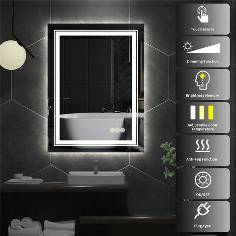 Badkamer spiegel - Badkamerspiegel met verlichting - Inclusief anticondensfunctie - Inclusief touchscreen - Dimbaar - 50x70cm