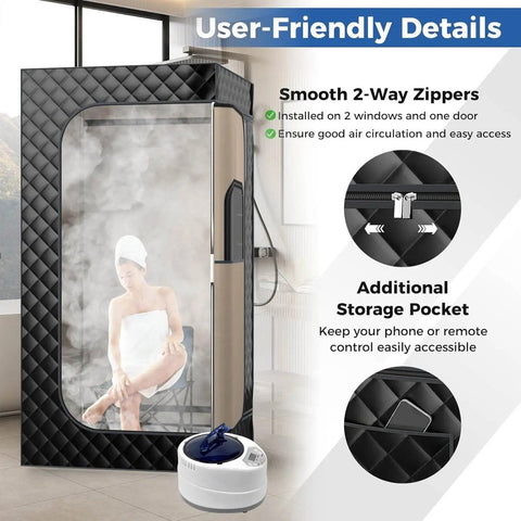 Draagbare Stoomsauna - Stoomkamer - Sauna Tent - Sauna Cabine - Met Afstandsbediening - Full Body - Ontgifting - Ontspanning - 2 L Stoomgenerator - Zwart - 100 x 78 x 172 cm.