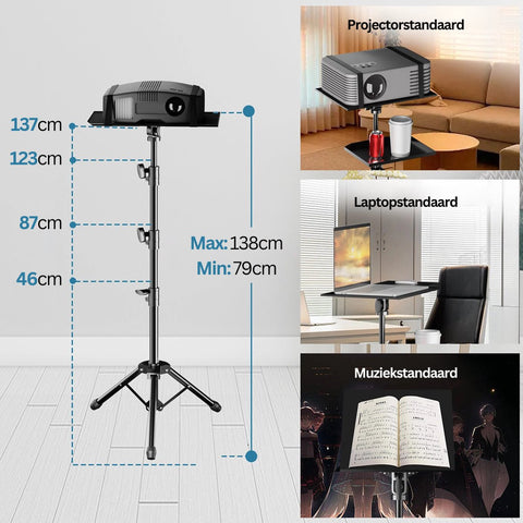 Projector Statief - Beamer Statief Met Laptop Verdieping - Met twee clips - Verstelbaar Standaard - Met Wieltjes - Zwart - Top Kwaliteit - 145CM - Professioneel Statief - Aluminium