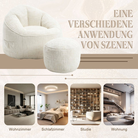 Zitzak met Voetensteun - Stoel met Hoge Druk Schuimvulling - Ergonomisch Ontwerp - Chenille Stof - 89x88x76 cm - Beige