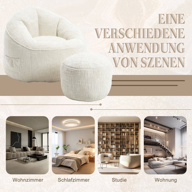 Zitzak met Voetensteun - Stoel met Hoge Druk Schuimvulling - Ergonomisch Ontwerp - Chenille Stof - 89x88x76 cm - Beige