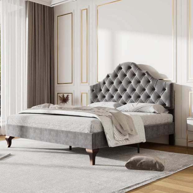 Gestoffeerd bed 90*200 - met lattenbodem en hoofdeinde- Gestoffeerd bed met in hoogte verstelbaar hoofdeinde - Jeugdbed, eenpersoonsbed - Houten lattenbodem, eenvoudige montage - Fluweel - Grijs