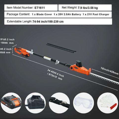 Heggenschaar Telescopisch - Krachtige 20V Accu met Snellader - 46cm Stalen Blad - Tot 240cm Bereik - 16mm Takken - Verstelbare Hoek - Lichtgewicht