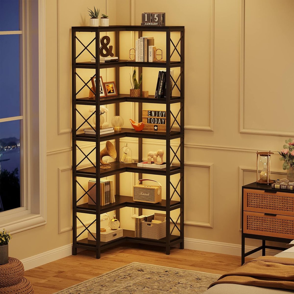 Boekenkast - Hoek Boekenkast met 7 Planken - Industrieel Grote Hoekplank - Spaanplaat - Zwart - 60 x 60 x 200 cm