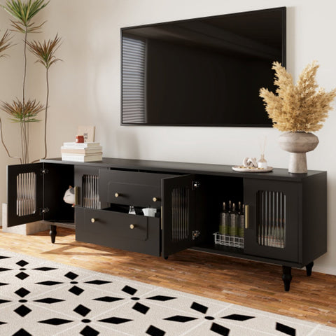 Lowboard - Tv-Meubel in Retrostijl - Gouden Handgrepen - Veel Opbergruimte - Met Glazen deur - en Massief Houten Poten - Zwart
