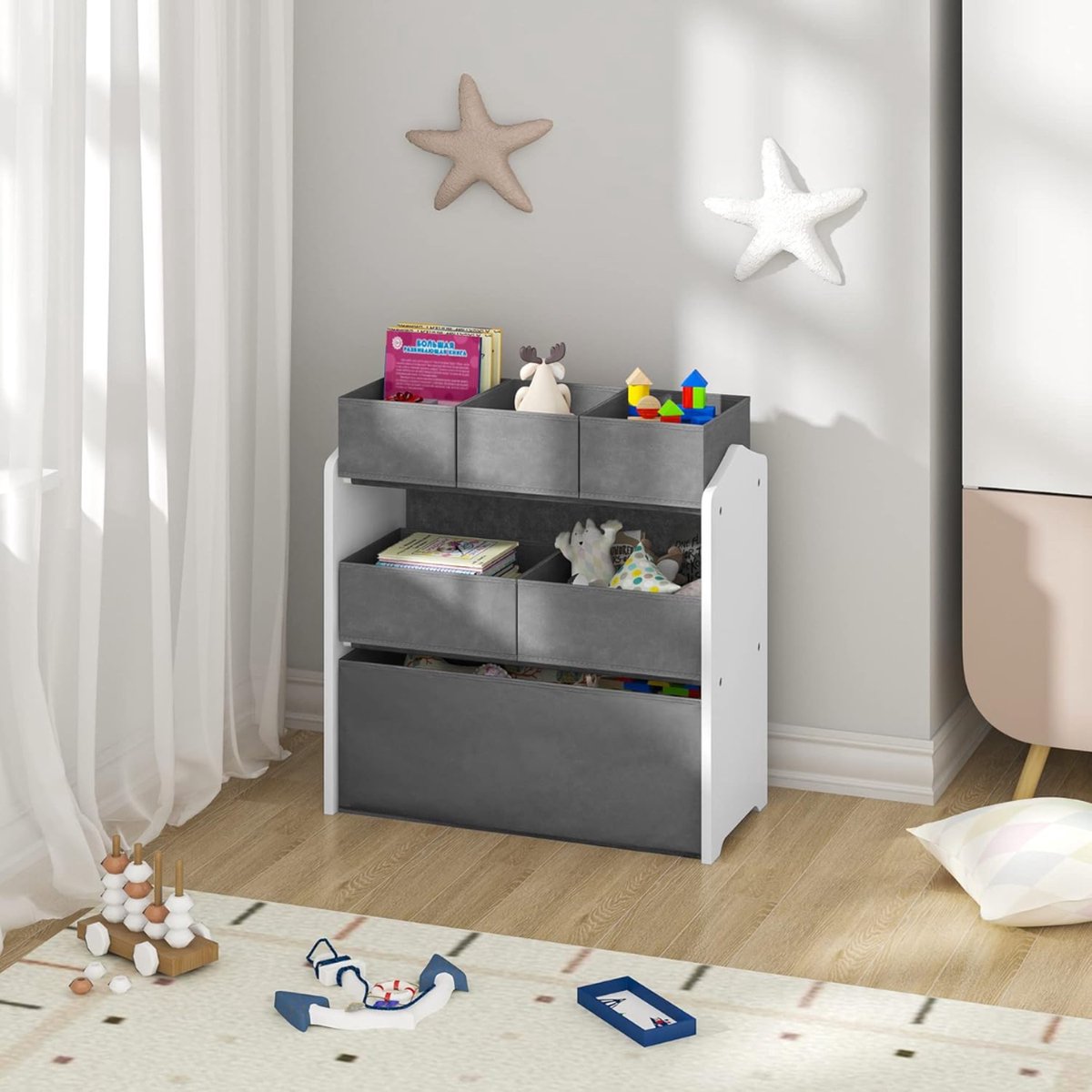 Boekenkast Kind - Speelgoedkast - Boekenrek - Opbergkast Kinderen - Kinderkamer - Speelgoed - 92x68x30 Cm - Hout - Grijs