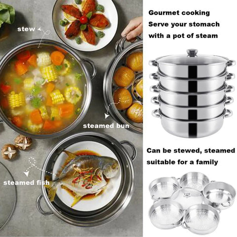 Professionele Stoompan - 5 lagen - Stoomkoker - Ø30cm - Topkwaliteit - RVS - Glazen deksel - Inductie Gas Elektrisch