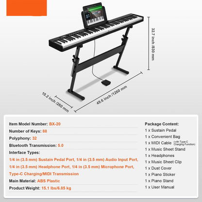 Digitale Piano - Elektrische Piano - Opvouwbaar - Bluetooth Keyboard Midi - Met Standaard - Digitaal Led-Display - 88-Toetsen - Wit & Zwart