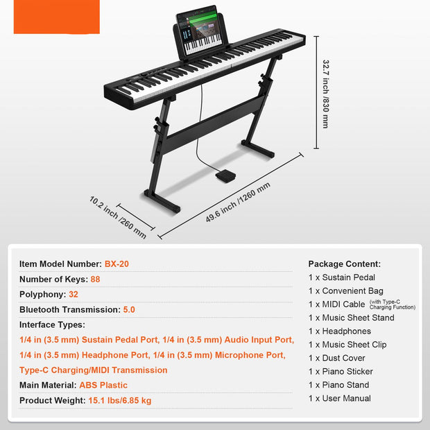 Digitale Piano - Elektrische Piano - 88-Toetsen - Opvouwbaar - Bluetooth Keyboard Midi - Met Standaard - Digitaal Led-Display - Wit & Zwart
