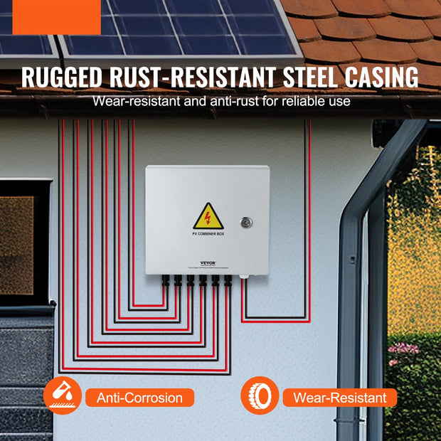 Solar PV-Combinatorbox, 6-Snaar, 15A - Stalen Behuizing - met Bliksembeveiliging - 15A DC - Zekeringen en een Stroomonderbreker Ondersteunt - IP65 Stof- en Waterbarrière - voor Zonne-Energiesystemen op en Buiten het Elektriciteitsnet