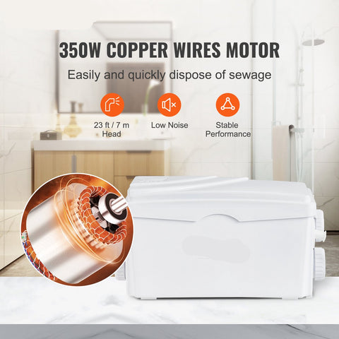 Afvalwaterpomp – 350W – 6000 L/U Debiet – 7M Opvoerhoogte – Hittebestendig en Antimicrobieel – Met 3 Waterinlaten voor Kelder - Keuken - Gootsteen - Douche en Badkuip