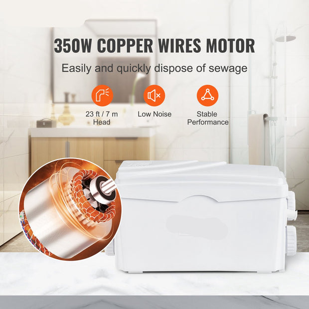 Afvalwaterpomp – 350W – 6000 L/U Debiet – 7M Opvoerhoogte – Hittebestendig en Antimicrobieel – Met 3 Waterinlaten voor Kelder - Keuken - Gootsteen - Douche en Badkuip