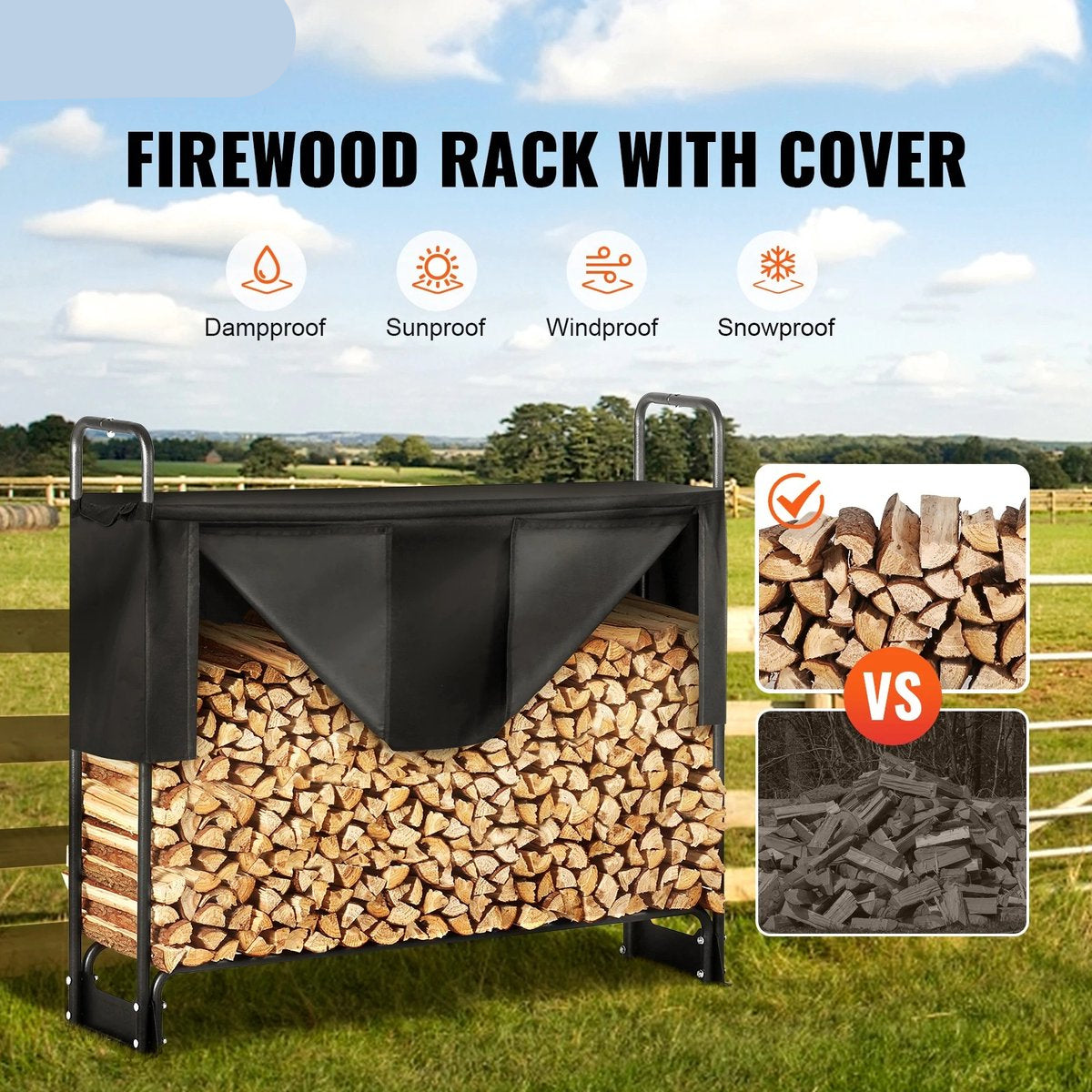 Brandhoutrek - Houtopslag Buiten - Houtberging - Met Waterdichte Hoes - 132x36x117cm