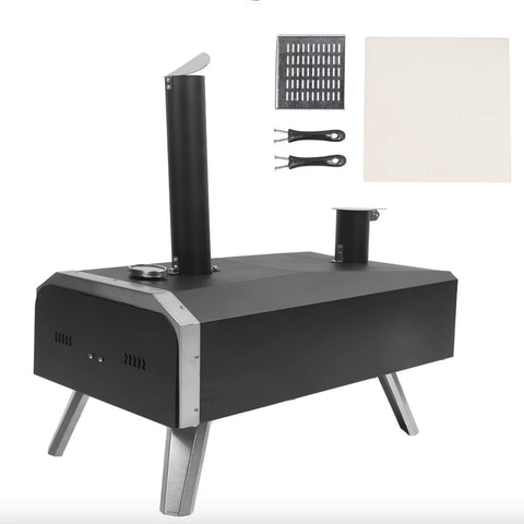 Pizzaoven - Hout gestookte oven - Buiten - Buitenkeuken - Buitenoven - Hout gestookt - RVS - Zwart - 12" pizza's