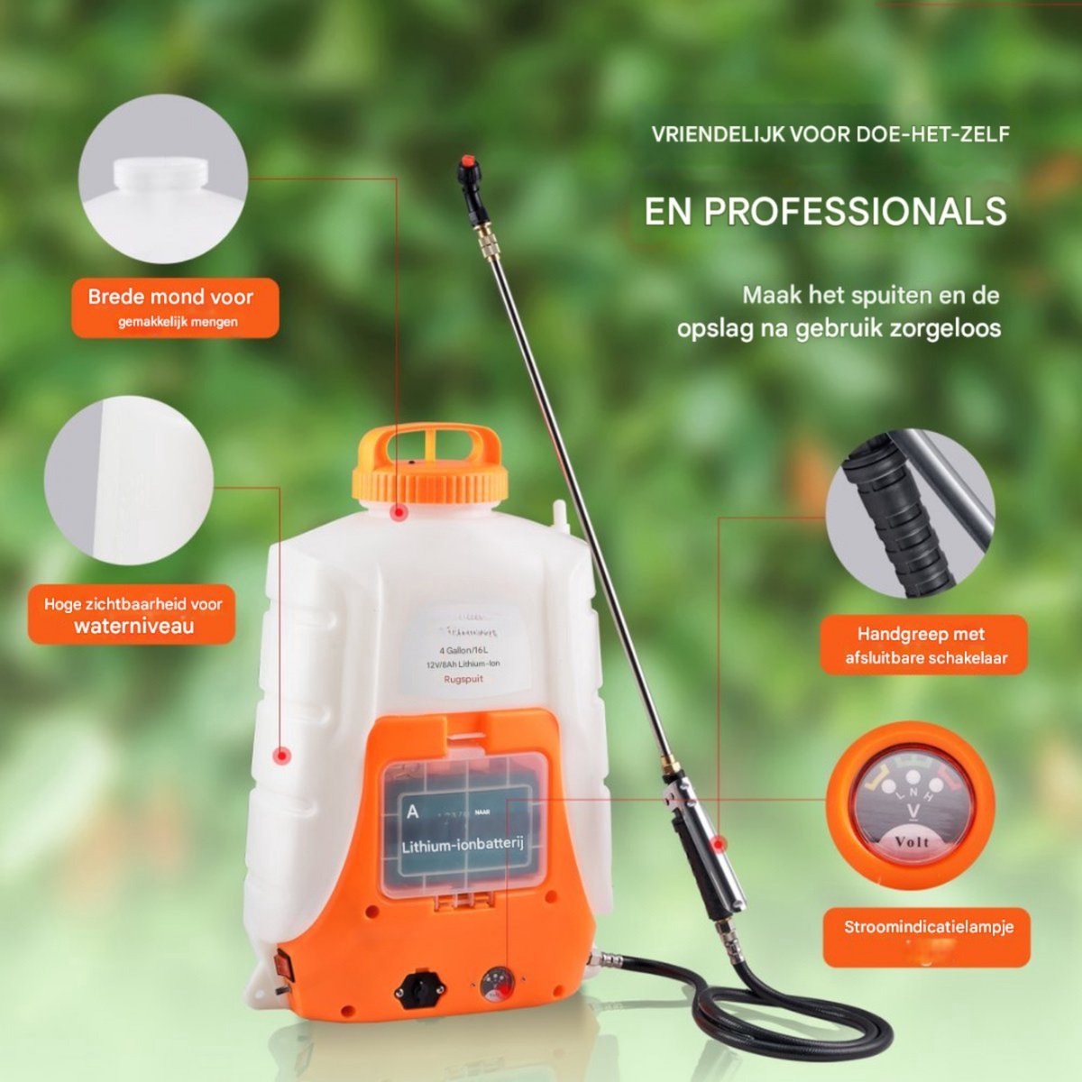 Tuinsproeier Rugspuit - Buitenrugspuit - voor Onkruidbestrijding en Reiniging - Verstelbare druk - 4 Gallon Tank - Wit & Oranje